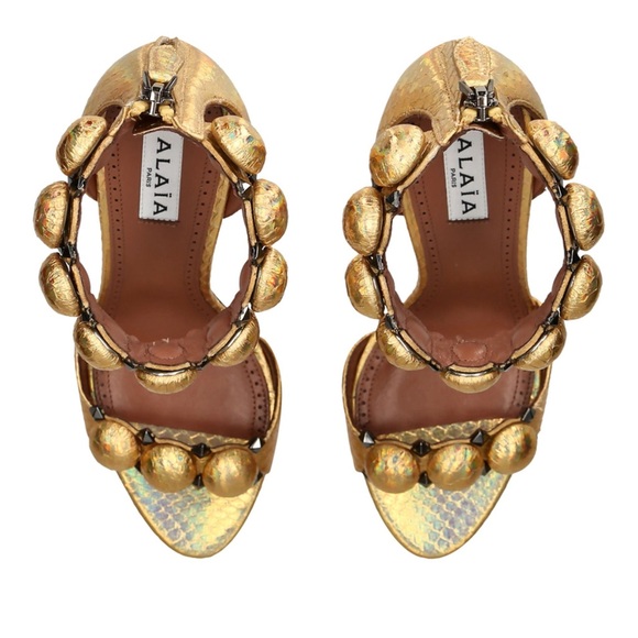 ALAÏA La Bombe 110 studded iridescent metallic elaphe sandals size 37 - Picture 16 of 16